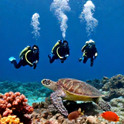 Caribbean Holidays, January Scuba Diving, A group of scuba divers observing a sea turtle and colourful reef fish over a calm Caribbean reef in Turks and Caicos