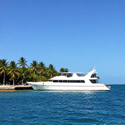 Caribbean Holidays, January Scuba Diving, A modern dive boat moored in calm blue water beside a palm-fringed Bahamian island on a sunny January day