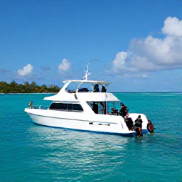Caribbean Holidays, January Scuba Diving, A modern dive boat with scuba divers preparing to enter calm turquoise water beside a tropical island in Turks and Caicos
