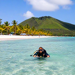 Caribbean Holidays, January Scuba Diving, A relaxed Caribbean beach on Saint Kitts with a snorkeller in clear water, palm trees and green volcanic hills beyond