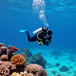 Caribbean Holidays, January Scuba Diving, A scuba diver descending through clear turquoise water above a colourful coral reef in the Turks and Caicos Islands during January