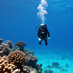 Caribbean Holidays, January Scuba Diving, A scuba diver descending through clear turquoise water beside a coral reef in The Bahamas during January
