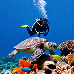 Caribbean Holidays, January Scuba Diving, A sea turtle, colourful reef fish and healthy coral surrounding a diver on a Caribbean reef