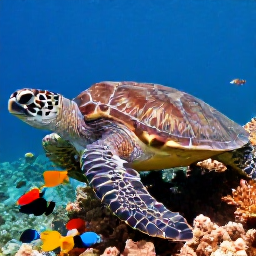 Caribbean Holidays, January Scuba Diving, Close-up underwater scene of a sea turtle, tropical fish and coral reef near Tobago