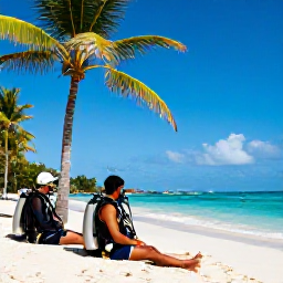 Caribbean Holidays, January Scuba Diving, Divers relaxing beside a palm-fringed beach after a morning dive on Saint Kitts