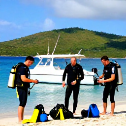 Caribbean Holidays, January Scuba Diving, Friendly scuba divers preparing equipment beside a boat in a sheltered bay on Saint Kitts, with green hills in the background