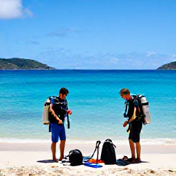 Caribbean Holidays, January Scuba Diving, Friendly scuba divers preparing equipment beside a tropical beach in the United States Virgin Islands