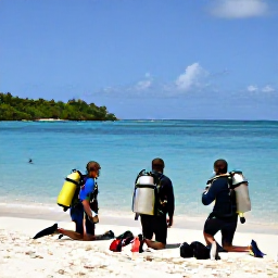 Caribbean Holidays, January Scuba Diving, Friendly scuba diving instructors preparing equipment beside a tropical beach in Tobago