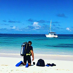 Caribbean Holidays, January Scuba Diving, Relaxed diver preparing equipment beside a tropical beach on Tobago after a morning boat dive