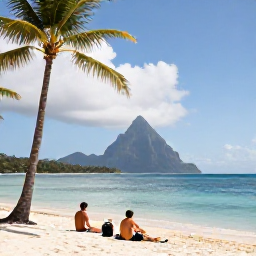 Caribbean Holidays, January Scuba Diving, Relaxed travellers enjoying a Saint Lucia beach with palm trees, calm sea and the Pitons in the distance