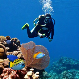 Caribbean Holidays, January Scuba Diving, Scuba diver exploring a vibrant reef with angelfish, parrotfish and sea fans near Tobago