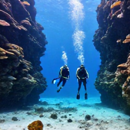 Caribbean Holidays, January Scuba Diving, Scuba divers descending beside a dramatic underwater wall in clear blue water near Providenciales, Turks and Caicos
