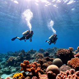 Caribbean Holidays, January Scuba Diving, Scuba divers exploring a colourful coral reef in clear Caribbean water near Saint Kitts and Nevis, bright January sunlight filtering from above