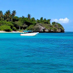Caribbean Holidays, January Scuba Diving, Small dive boat travelling across calm turquoise water towards Tobago&rsquo;s forested coastline