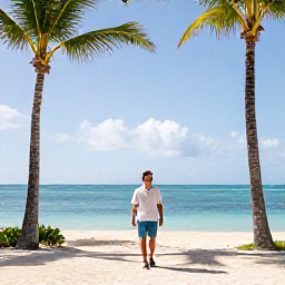 Caribbean Holidays, January Solo Holidays, A confident solo traveller strolling through a sunny coastal setting in Providenciales, Turks and Caicos, with palm trees and calm blue sea