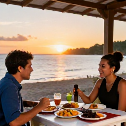 Caribbean Holidays, January Solo Holidays, A friendly solo traveller dining outdoors at a small Caribbean restaurant in Trinidad and Tobago at sunset, with local dishes on the table