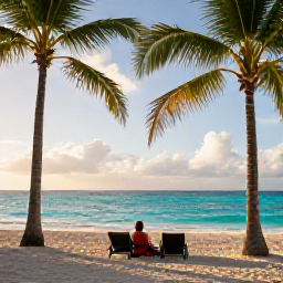 Caribbean Holidays, January Solo Holidays, A lone traveller relaxing on a quiet Caribbean beach in January, turquoise sea, palm trees and warm morning light