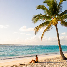 Caribbean Holidays, January Solo Holidays, A lone traveller relaxing on Grace Bay Beach with turquoise sea, palm trees and a warm Caribbean morning in January