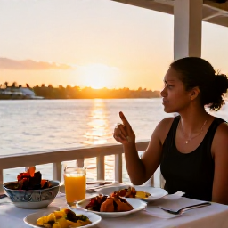 Caribbean Holidays, January Solo Holidays, A relaxed solo traveller dining outdoors at a waterfront restaurant in Curacao at sunset, local dishes and warm evening light