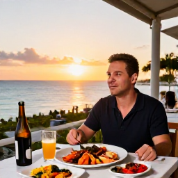Caribbean Holidays, January Solo Holidays, A solo traveller dining at an outdoor restaurant in Nassau at sunset, with fresh seafood and a relaxed Caribbean atmosphere