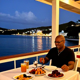 Caribbean Holidays, January Solo Holidays, A solo traveller enjoying a relaxed evening meal at a waterfront restaurant in Saint Vincent and the Grenadines, local food, harbour lights and warm atmosphere