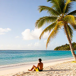 Caribbean Holidays, January Solo Holidays, A solo traveller relaxing on a quiet Caribbean beach in Saint Vincent and the Grenadines in January, turquoise sea, palm trees and warm sunlight