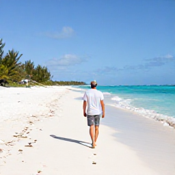 Caribbean Holidays, January Solo Holidays, A solo traveller walking along a quiet white-sand beach in Providenciales, Turks and Caicos, beneath a bright January sky