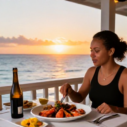 Caribbean Holidays, January Solo Holidays, A solo visitor dining at a welcoming seaside restaurant in Providenciales, with fresh seafood and a sunset view