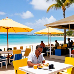 Caribbean Holidays, January Solo Holidays, Colourful beachfront caf&eacute;s and restaurants in Grand Case, Saint Martin, with solo traveller enjoying lunch beside the sea