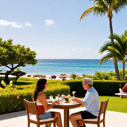 Caribbean Holidays, January Solo Holidays, Comfortable Caribbean hotel terrace with a solo traveller enjoying breakfast, tropical garden and sunny Saint Kitts coastline