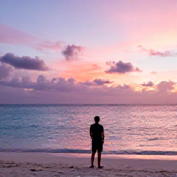 Caribbean Holidays, January Solo Holidays, Comfortable solo traveller watching a sunset from a quiet Turks and Caicos beach, pastel sky and calm sea in January