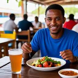 Caribbean Holidays, January Solo Holidays, Friendly solo traveller enjoying Creole food at a small outdoor restaurant in Roseau, Dominica