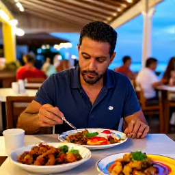 Caribbean Holidays, January Solo Holidays, Friendly solo traveller enjoying Puerto Rican food at an outdoor restaurant in San Juan, colourful plates and evening lights