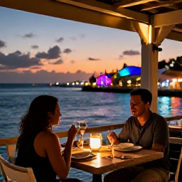 Caribbean Holidays, January Solo Holidays, Outdoor Caribbean caf&eacute; in Sint Maarten at sunset, solo traveller enjoying dinner and colourful harbour lights