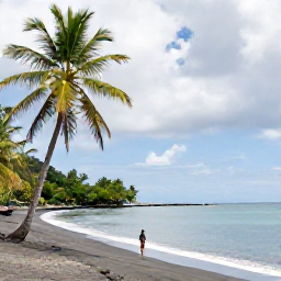 Caribbean Holidays, January Solo Holidays, Peaceful black-sand beach on Dominica with palm trees, calm sea and a solo traveller walking along the shore