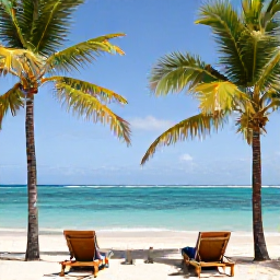Caribbean Holidays, January Solo Holidays, Relaxed solo traveller on a quiet Puerto Rican beach with clear Caribbean water, sun loungers and palm trees