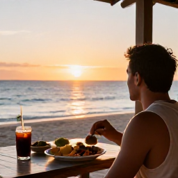 Caribbean Holidays, January Solo Holidays, Relaxed solo traveller sitting at a beachside restaurant on Nevis at sunset, with local Caribbean food and calm sea behind