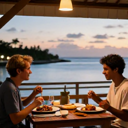 Caribbean Holidays, January Solo Holidays, Solo diner enjoying fresh seafood at a relaxed waterfront restaurant in Providenciales, Turks and Caicos, warm evening light in January