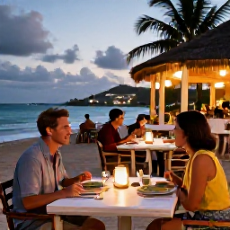 Caribbean Holidays, January Solo Holidays, Solo traveller dining at a relaxed beachfront restaurant in Saint Vincent and the Grenadines, tropical evening atmosphere