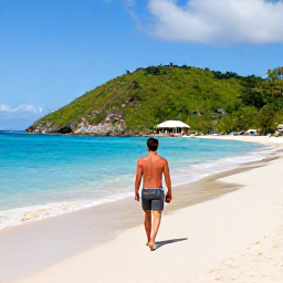 Caribbean Holidays, January Solo Holidays, Solo traveller enjoying a bright Caribbean morning on a sandy beach in Tobago, with clear sea, green hills and a small beach caf&eacute;