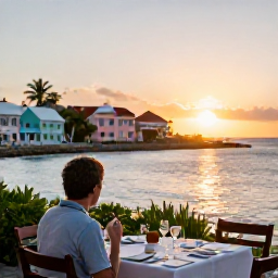 Caribbean Holidays, January Solo Holidays, Solo traveller enjoying a sunset dinner at a relaxed waterfront restaurant in Christiansted, Saint Croix, with pastel buildings and calm sea