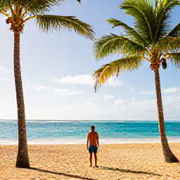Caribbean Holidays, January Solo Holidays, Solo traveller enjoying warm January sunshine on a Puerto Rican beach, with palm trees, turquoise sea and golden sand