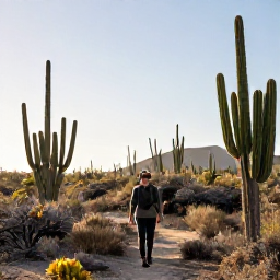 Caribbean Holidays, January Solo Holidays, Solo traveller hiking through dry cactus-covered scenery in Christoffel National Park, Curacao, under a clear morning sky