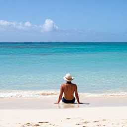 Caribbean Holidays, January Solo Holidays, Solo traveller relaxing on a bright Caribbean beach in Saint Martin in January, turquoise sea, soft white sand, calm atmosphere