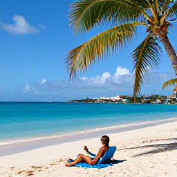 Caribbean Holidays, January Solo Holidays, Solo traveller relaxing on a bright Caribbean beach in Saint Martin or Sint Maarten in January, turquoise sea and palm trees