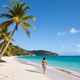 Caribbean Holidays, January Solo Holidays, Solo traveller relaxing on a quiet Caribbean beach in Saint Vincent and the Grenadines in January, turquoise sea and palm trees
