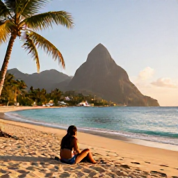 Caribbean Holidays, January Solo Holidays, Solo traveller relaxing on a quiet golden beach in Saint Lucia in January, turquoise sea, palm trees and warm morning light