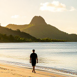 Caribbean Holidays, January Solo Holidays, Solo traveller walking along a quiet golden beach in Saint Kitts at sunrise, calm Caribbean Sea and green volcanic hills in the background