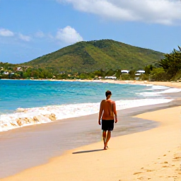 Caribbean Holidays, January Solo Holidays, Solo traveller walking along a quiet golden beach on Saint Kitts in warm January sunshine, turquoise sea and green hills in the background