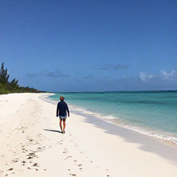 Caribbean Holidays, January Solo Holidays, Solo traveller walking along a quiet white-sand beach in Providenciales, Turks and Caicos, bright January sunshine and calm turquoise sea